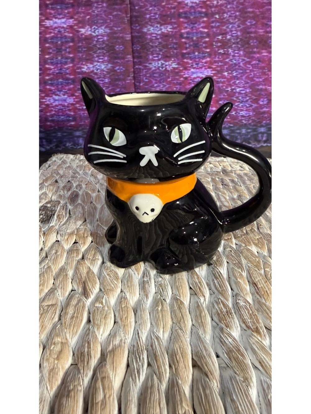 Hyde and EEK! Black Cat Halloween Ceramic Mug with Orange Collar and Skull Charm
